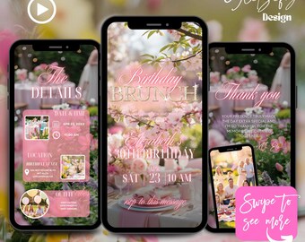 Invitación animada para brunch de cumpleaños: Plantilla floral de Canva (Descarga digital)