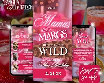 May include: Digital invitation template with a pink and leopard print design. The text reads "Mumus and Margs, But Make it Wild" and "Mia's Birthday". Includes details, dress code, RSVP, and a "Thank You" message. "Swipe to see more".