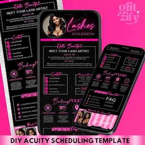 May include: A pink and black mobile phone screen displaying a business advertisement for a lash artist. The text on the screen reads "Hello Beautiful, Meet Your Lash Artist, About Me, My Goal, Contact, Booking Policies, Appointment Prep, FAQ".