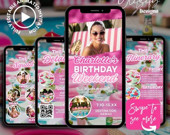 May include: A pink and white digital invitation for a birthday weekend in Hawaii. The invitation features a photo of a woman wearing sunglasses and a pink swimsuit. The text on the invitation reads "Charlotte's Birthday Weekend" and includes the dates "7.10-13.XX".