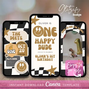 One Happy Dude Invitation,One Happy Dude Text Invitation,First Birthday Animated Invitation,Retro Birthday Invitation,Smiling Face Invite