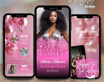 Puede incluir: Una invitación digital rosa y blanca para una fiesta de cumpleaños número 28. La invitación presenta una foto de una mujer con una blusa plateada sobre un fondo rosa. El texto de la invitación dice "It's Libra Season Let's Party" y "Vanessa Johnson's 28th Birthday 10.20.XX".