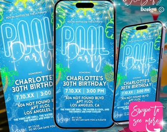 Glow Pool Party Invitation,Summer Pool Party Video Invite,text invitation,iphone invitation,neon pool party evite,summer swimming pool evite