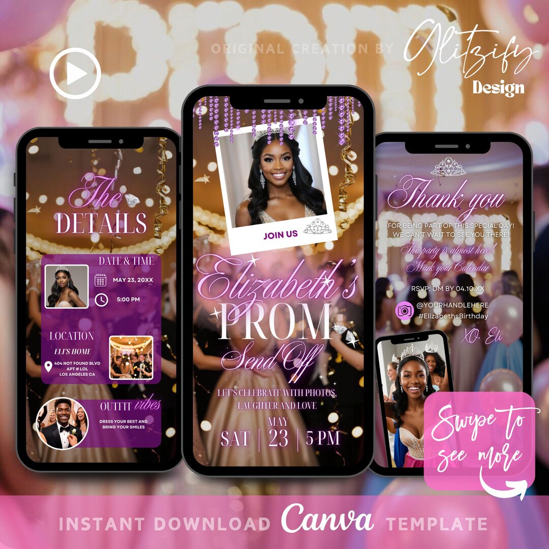 Instant Prom Design Animated Prom Send off Invitation: Elegant Party Template (instant ...