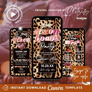 May include: Three smartphones displaying a leopard print background with party details. The center phone reads "Vision Board Party" with the date and host's names. The other phones show event details and a "Swipe to see more" prompt. The design is a Canva template.