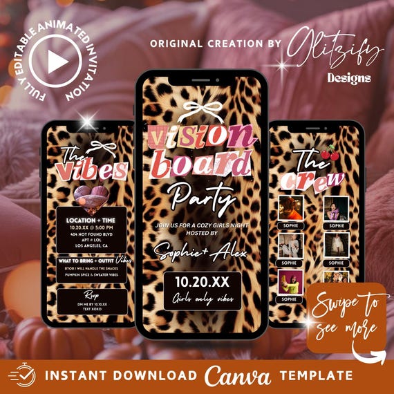 Vision Board Party Invitation: Scrapbook Birthday Invite,Fall Girl Night Invitation, Vision Board Party Evite,Leopard Print Canva Template
