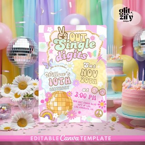 Invitación de cumpleaños con letras de parche de un solo dígito, invitación a fiesta de moda universitaria preppy, invitación de cumpleaños de Let's Party Y2K, bricolaje para décimo cumpleaños