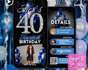 Blue Silver 40th Birthday Animated Invitation: Glam Party Evite (Digital Download)