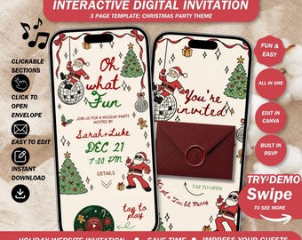Oh What Fun Friendsmas Invitation Website: Modern Doodle Christmas Party Invite with Rsvp and Music,, Envelope Reveal ( canva template )