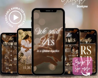 May include: A set of four animated wedding invitation templates for Canva. The templates feature a gold and brown color scheme with a romantic theme. The text on the templates includes "We said YES to a lifetime together", "The Itinerary", "The Details", and "Kindly RSVP".