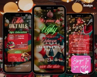 Pode incluir: Um convite digital para uma festa de suéteres feios. O convite apresenta um suéter de Natal vermelho e verde com um design festivo. O texto do convite diz: "Vai ficar feio. Junte-se a nós para a festa anual de suéteres feios Johnson. Sexta-feira, 23 de dezembro, 17:00. Salve a data."