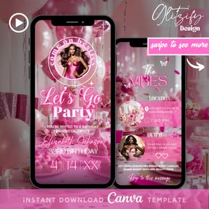 May include: Pink and white birthday party invitation template for Canva. The template features a pink background with a photo of a woman in a pink dress and a pink and white cake. The text on the template reads "Let's Go Party" and "Elizabeth Johnson 33rd Birthday".