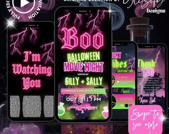 Animated Halloween Horror Movie Night Invitation: Pink Witch Party (Digital Download, Canva Template)