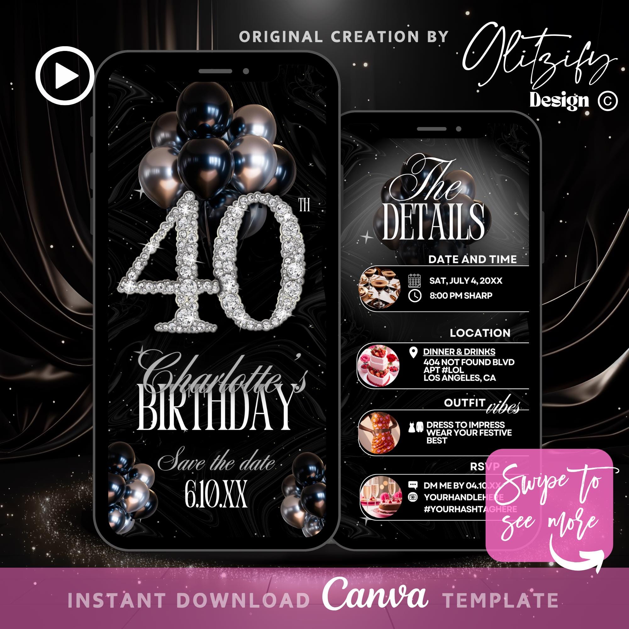 Luxury 40th Birthday Invitation: Black \u0026 Silver Glam (canva Template) - Etsy, image size:2000x2000