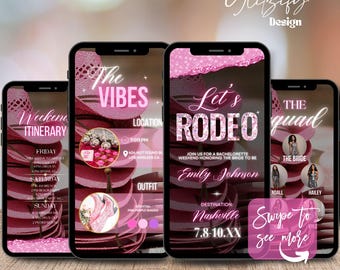 Invitación animada para despedida de soltera de Last Rodeo: Fin de semana glamuroso en rosa (Descarga digital)