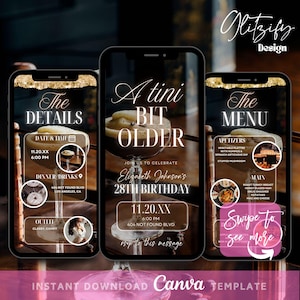 Digital Birthday Cocktail Party Invitation,A tini bit older invite,animated martini party birthday dinner celebration text invite phone diy