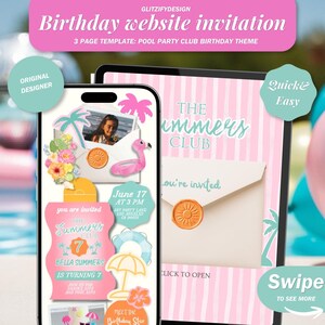 Pool Party Birthday Invitation Website: Summer Splash Girl Pool Birthday Club Theme With Built In Rsvp Tracking ( Canva Template)