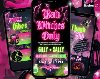 Ghouls Night Animated Invitation: Pink Witch Halloween Party Evite (Canva Template, Instant Download)