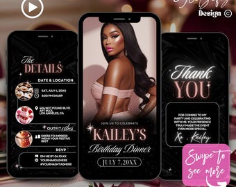 Animated Rose Gold Birthday Dinner Invitation: Elegant Evite (Canva Editable, Digital Download)