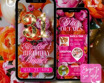 31. Geburtstags-Einladung: Pink & Orange (Digitaler Download)