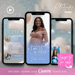 Puede incluir: Una invitación de baby shower azul y blanca con un diseño de nube y mariposa. El texto dice "We're on Cloud Nine" y "Join us for a baby shower welcoming Baby Oliver".