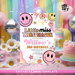 Invitación para fiesta de cumpleaños de la pequeña señorita Threenager, invitación retro y elegante para el tercer cumpleaños, invitación para fiesta de cumpleaños disco Y2K, sonrisa para el tercer cumpleaños