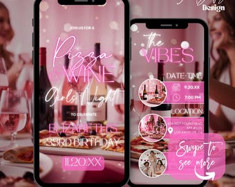 Pizza & Wine Girls Night Animated Invitation: Editable Birthday Dinner Invite (Digital Download)