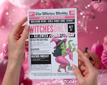 Uitnodiging Halloween Girls Night: alleen griezelige schattige boze heksen nodigen uit, Halloween-uitnodiging in krantenstijl, bewerkbare canva-sjabloon (pdf-download)