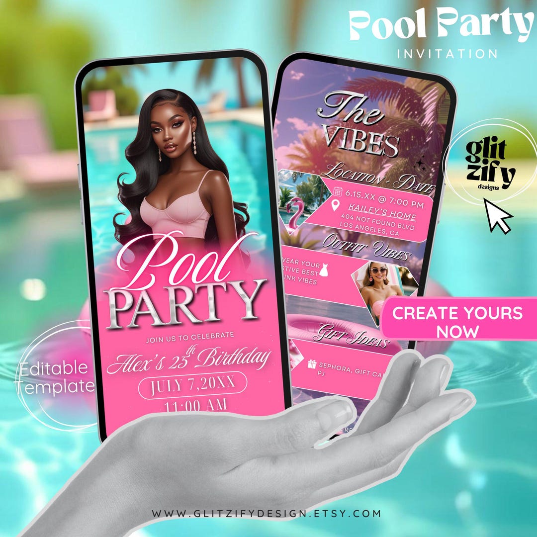 Glam Pink Pool Party Invitation,photo Pool Party Invite,hot Girl Summer