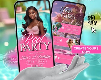 May include: A pink pool party invitation on a smartphone screen. The invitation features the text "Pool Party" and "Alex's 25th Birthday". The second screen shows event details, including the time, location, and the text "The Vibes".