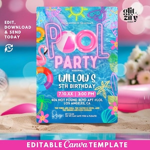 May include: A vibrant pool party invitation with a pink and white inflatable ball and ring floaties. The invitation includes the text "Pool Party" and details for Willow's 5th birthday, with the text "Editable Canva Template" at the bottom.