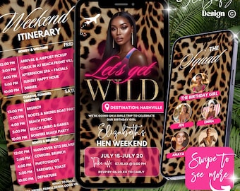 Invito animato per il weekend di compleanno a tema leopardo: fuga romantica tra amiche (download digitale, modello Canva)