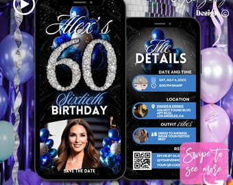Blue Silver 60th Birthday Animated Invitation: Glam Party (Digital Download)