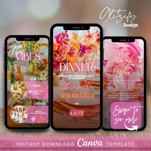 Pink & Orange Birthday Dinner Video Invitation,Floral Birthday Brunch Invite,Animated Birthday Invite,Digital Birthday Flyer,Text Invitation