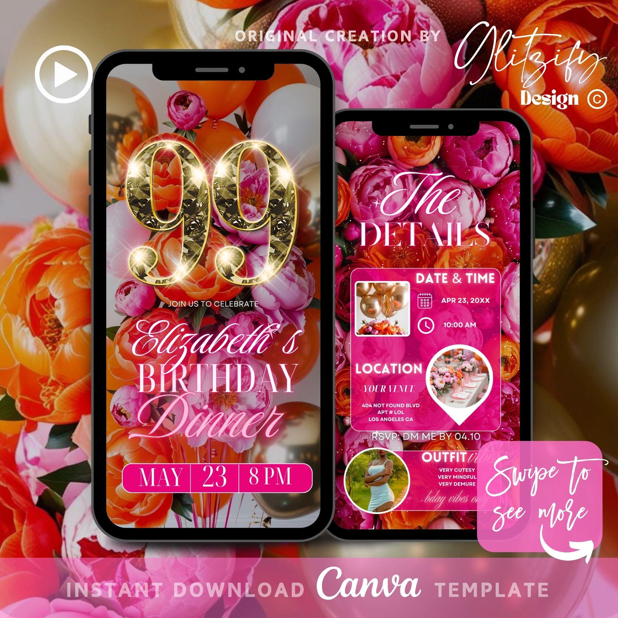 Digital 99th Birthday Invitation,floral peony birthday Invite,orange pink birthday Party invitation,Digital Birthday Flyer,Text Invitation
