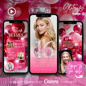 Pink Sweet Sixteen Invitation,16th Birthday Digital Birthday Invitation,Animated Invite,Birthday Party Invite,Sweet 16 Digital Invite