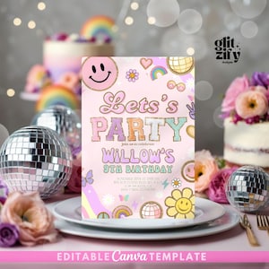 Invitación de cumpleaños con letras de parche retro editables, invitación a fiesta de moda universitaria preppy, invitación de cumpleaños con estilo disco Y2K, inspirada en SCL