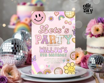 Editable Retro Patch Letter Birthday Invitation Preppy Varsity Fashion Party Invite,Let&#39;s Party y2k Disco Birthday Invitation,SCL Inspired
