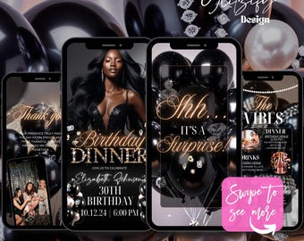 May include: A Canva template for a birthday dinner invitation. The template features a black and gold color scheme with a photo of a woman in a sparkly dress. The text on the template reads "Birthday Dinner" and "Join us to celebrate Elizabeth Johnson's 30th Birthday 10.12.24 | 6:00 PM".