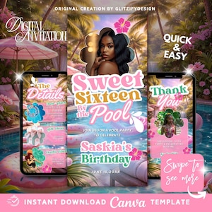 Könnte beinhalten: Digitale Einladungsvorlage für eine Sweet Sixteen Poolparty. Das Design zeigt ein Foto einer jungen Frau, rosa und grüne florale Akzente und den Text "Sweet Sixteen by the Pool".