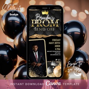 Op de afbeelding: Een digitale uitnodiging in zwart en goud voor een afscheidsfeestje voor het schoolbal. De uitnodiging bevat een foto van een man in pak, een kroon en de tekst "Brandon's Prom Send Off". De datum en tijd van het evenement zijn vermeld als "Vrijdag 20 mei 20XX, 16:00 uur". Het adres is vermeld als "404 Not Found Blvd, Apt #LOL, Los Angeles, CA". De uitnodiging bevat ook de tekst "Swipe to see more" en een roze pijl die naar rechts wijst.