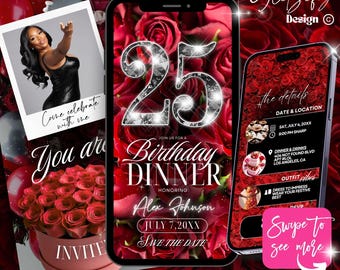 Digital Rot 25. Geburtstag-Einladung, Rosen 23. Geburtstag einladen, Rote Rose Geburtstag Party-Einladung, Digitale Geburtstags-Flyer,Text-Einladung