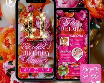 Animated 41st Birthday Invitation: Pink Floral Dinner Party (Digital Download)