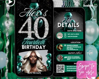 Green Silver 40th Birthday Animated Invitation: Glam Milestone Theme (Digital Download)