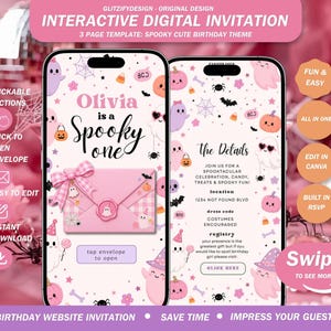 Puede incluir: Dos teléfonos inteligentes muestran una plantilla de invitación de cumpleaños digital interactiva con un tema espeluznante en rosa y blanco. Las pantallas presentan fantasmas, calabazas, murciélagos y un sobre rosa con un lazo, junto al texto Olivia is a Spooky one.