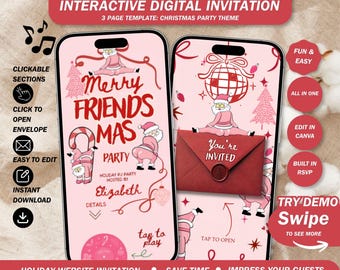 Merry Friendsmas Invitation Website: Funny Pink Santa Party Invite with Rsvp and Music, Envelope Reveal ( canva template )