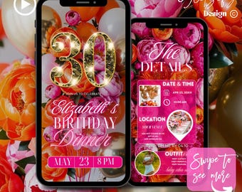 Digital 30th Birthday Invitation,floral 30th birthday Invite,orange pink birthday Party invitation,Digital Birthday Flyer,Text Invitation