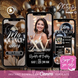 Black Gold Glam Quinceanera tekstuitnodiging, 15e verjaardagsuitnodiging, mis quince anos, 15 jaar oude digitale verjaardagsuitnodiging quinceanera