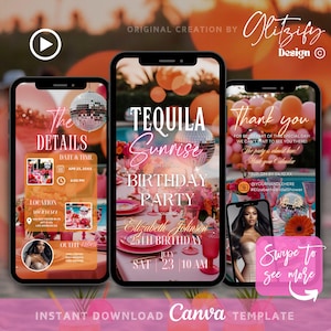 Tequila Sunrise Geburtstagseinladung, Pink & Orange Geburtstagsessenseinladung, Tacos und Tequila einladen, Sommer-Geburtstagsessenseinladung, diy