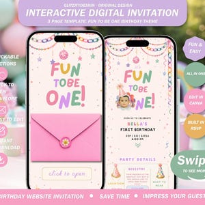 May include: Two smartphones displaying an interactive digital birthday invitation template with a pastel color palette. The screen shows the text FUN TO BE ONE, a pink envelope with a flower seal, party details, and a photo placeholder for a child.